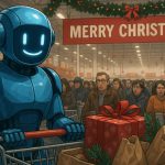Illustration of a robot pushing a shopping cart of wrapped gifts through a crowded big-box store under a Merry Christmas banner